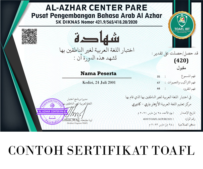 Sertifikat TOAFL Resmi Al Azhar Center